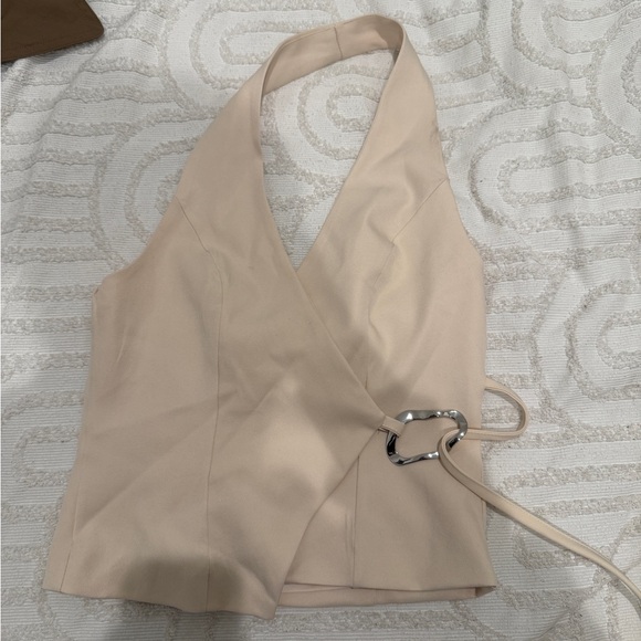 Cream Halter Top with metal buckle belt detail - Picture 2 of 4